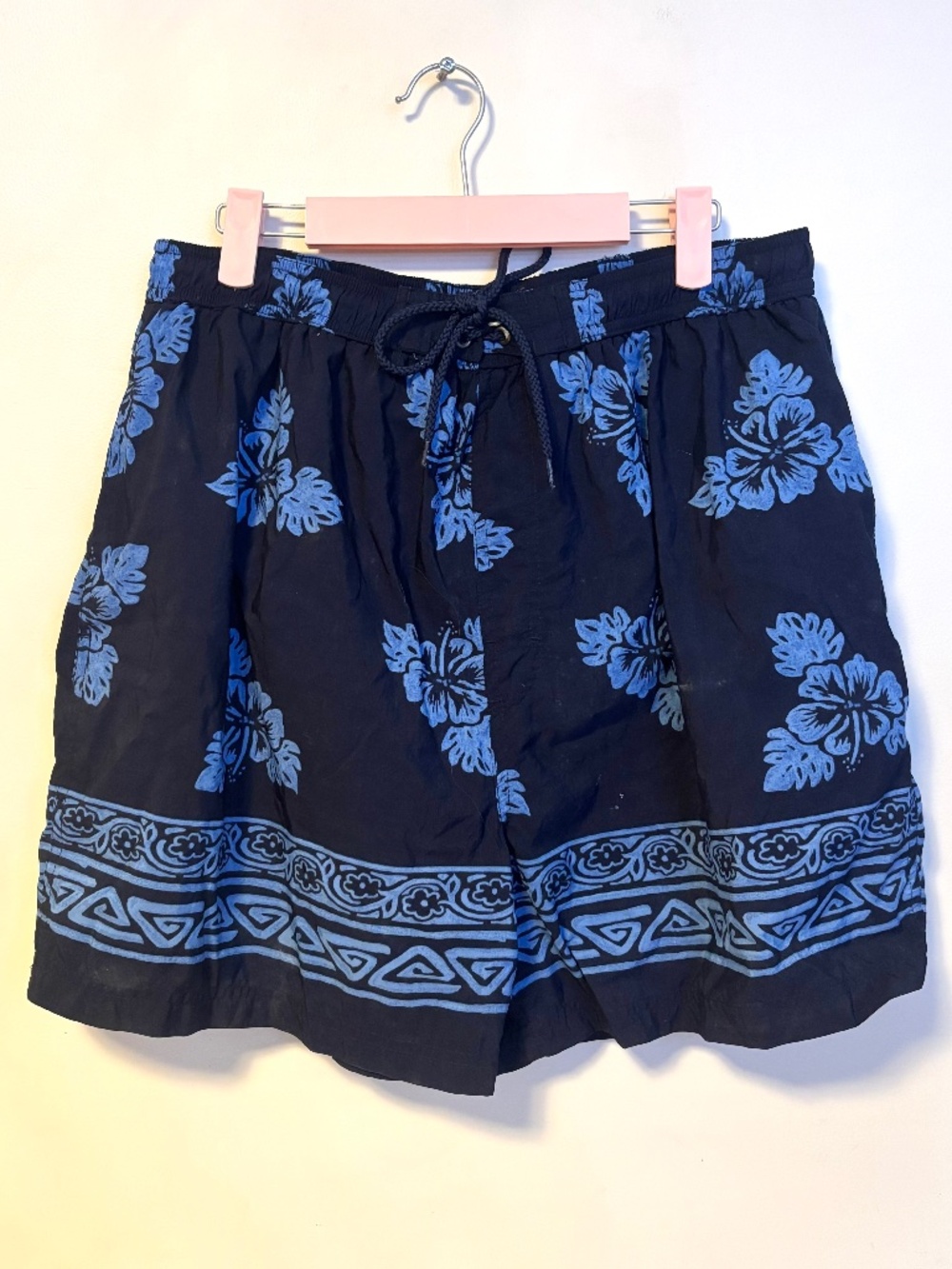 Sand n Sun Vacation Swim Tropical Swim Trunks Shorts Blue Hibiscus Mens L 36 38